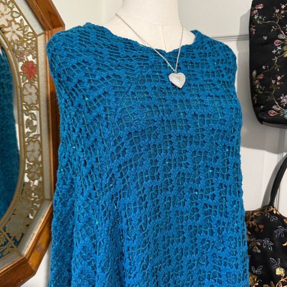 VTG Y2K Teal Blue & Green Threaded Sequin Whimsy Knit Poncho w Tassel Fringe OS - Picture 2 of 8